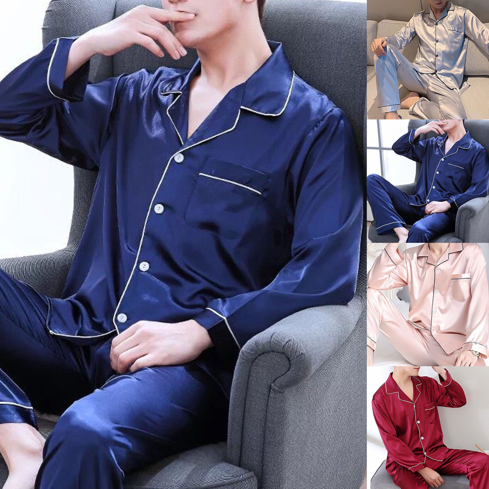 2 Pcs/Set Pajamas Suit Imitation Silk Single-breasted Cardigan Plus Size Men Nightclothes for Home